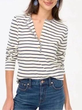 J. Crew White Long-Sleeve Striped Henley Top